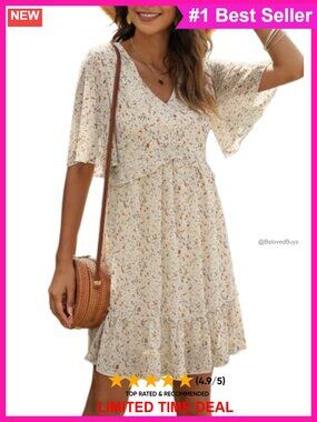 Chiffon Floral Boho Mini Summer Dress V Neck Ruffle